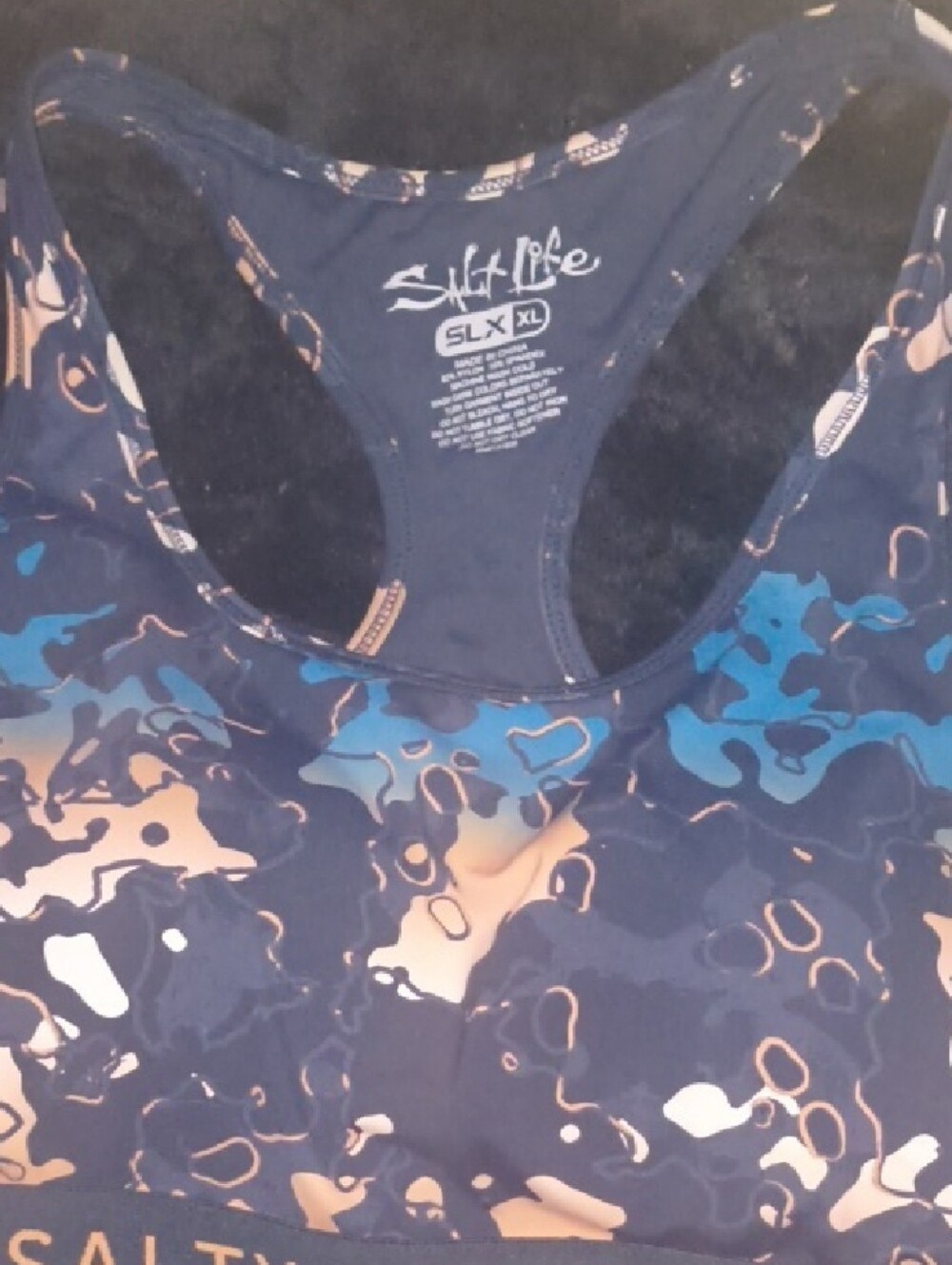 Salt Life Blue & Navy Camo Racerback Sports Bra with Tan Accents